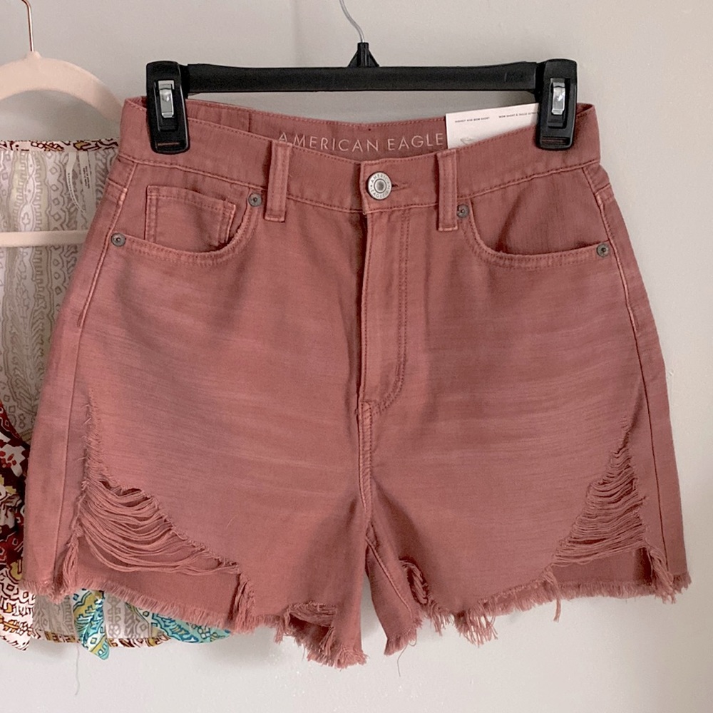 New American Eagle Highest Rise Distressed Raw Hem Mom Denim Cotton Jean Short